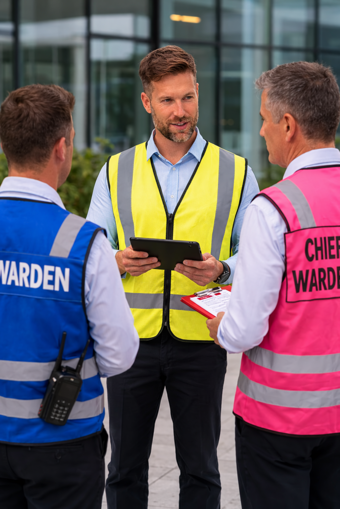 Fire safety consultant conducting a trial evacuation with building wardens