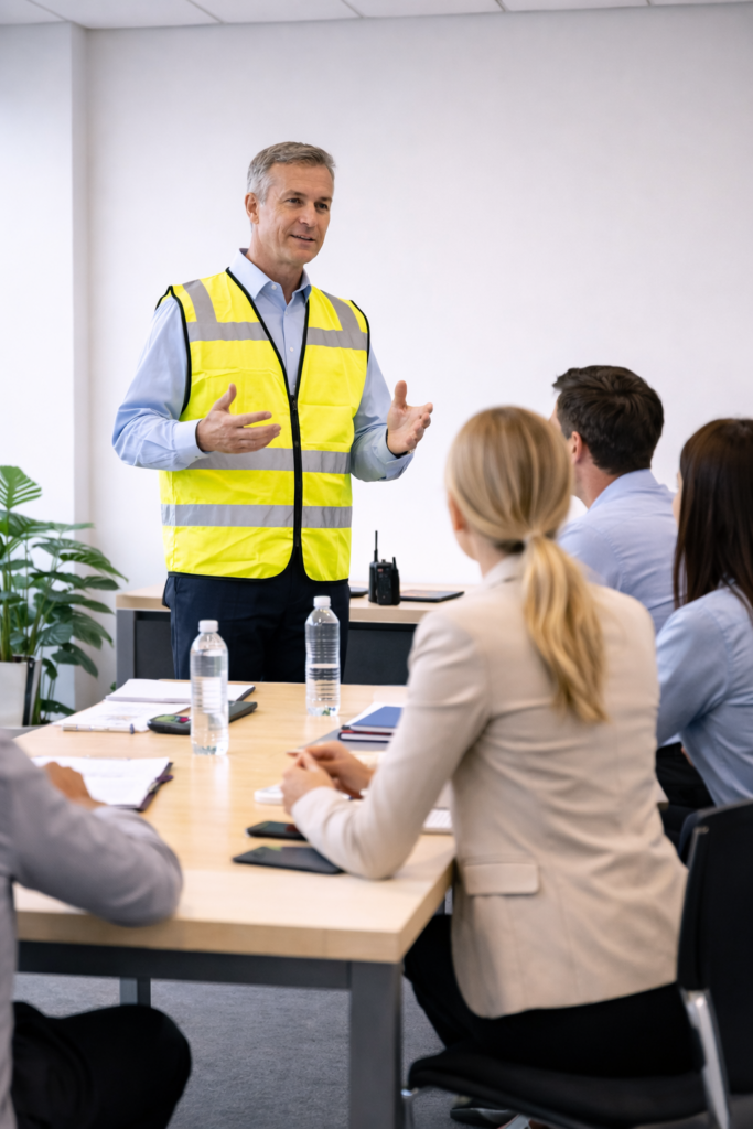 Fire safety consultant delivering fire warden training to staff in an office meeting room